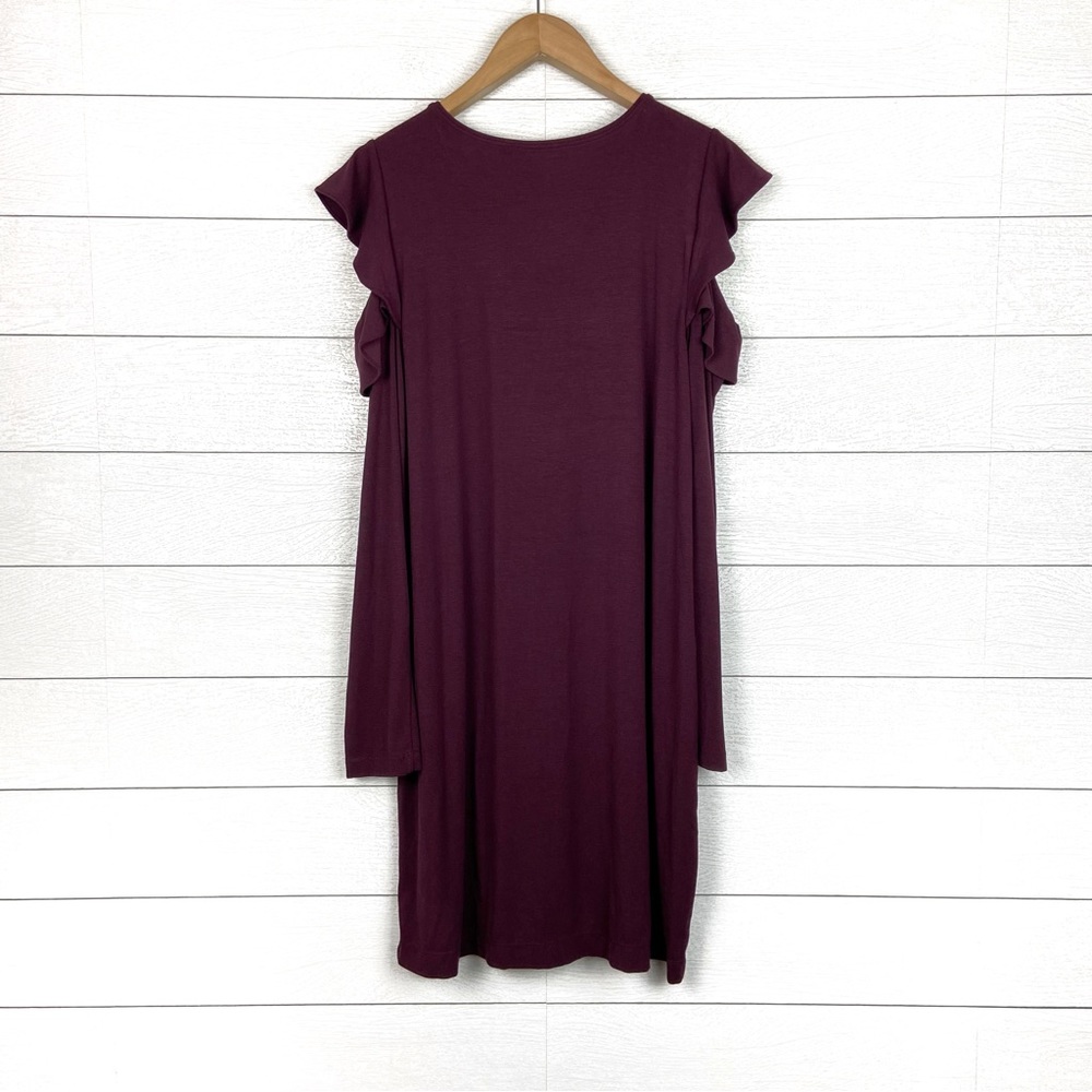 White House Black Market Long Sleeve Ruffle Shoulder Sheath Dress in Deep Plum - Picture 4 of 4